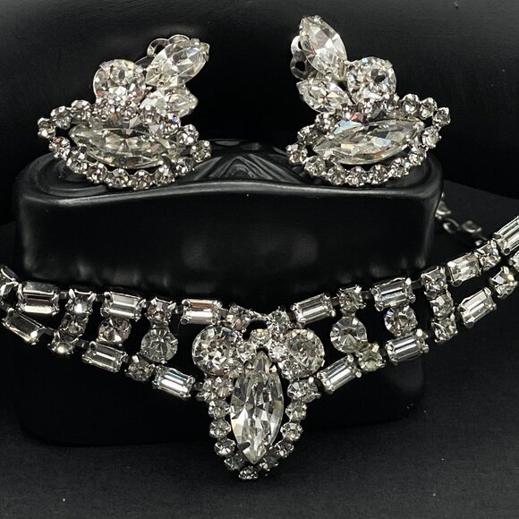 Vintage Signed Sherman Necklace Earring Set Clear Rhinestone Clip on Swarovski - Picture 3 of 11